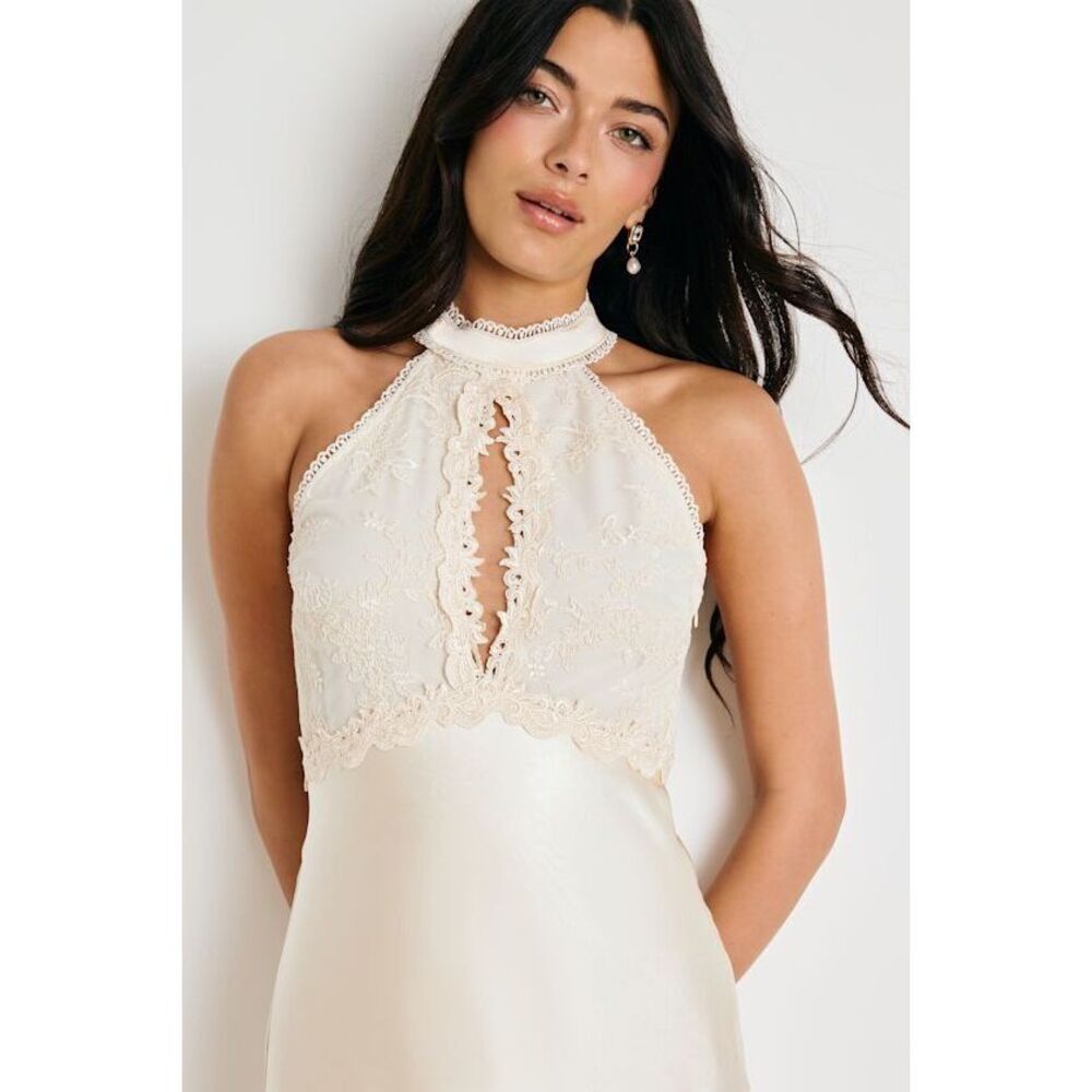 Lulus Jelani Ivory Satin Embroidered Midi Dress White - Size S